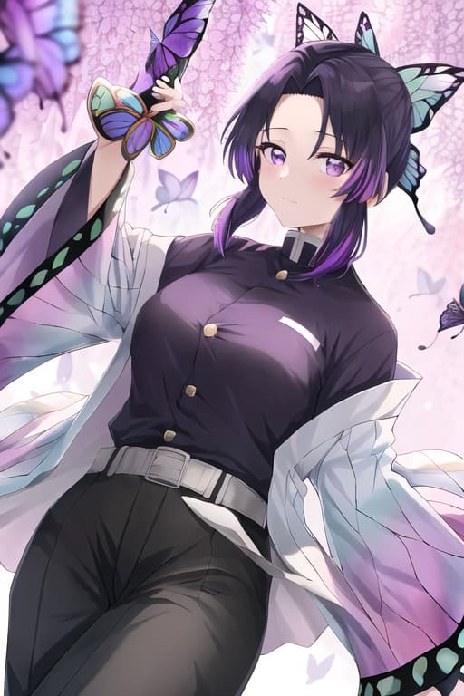  裸,masterpiece, best quality, kochou shinobu, multicolored hair, no bangs, hair intakes, purple eyes, forehead, black shirt, black pants, haori, butterfly, buttons, belt