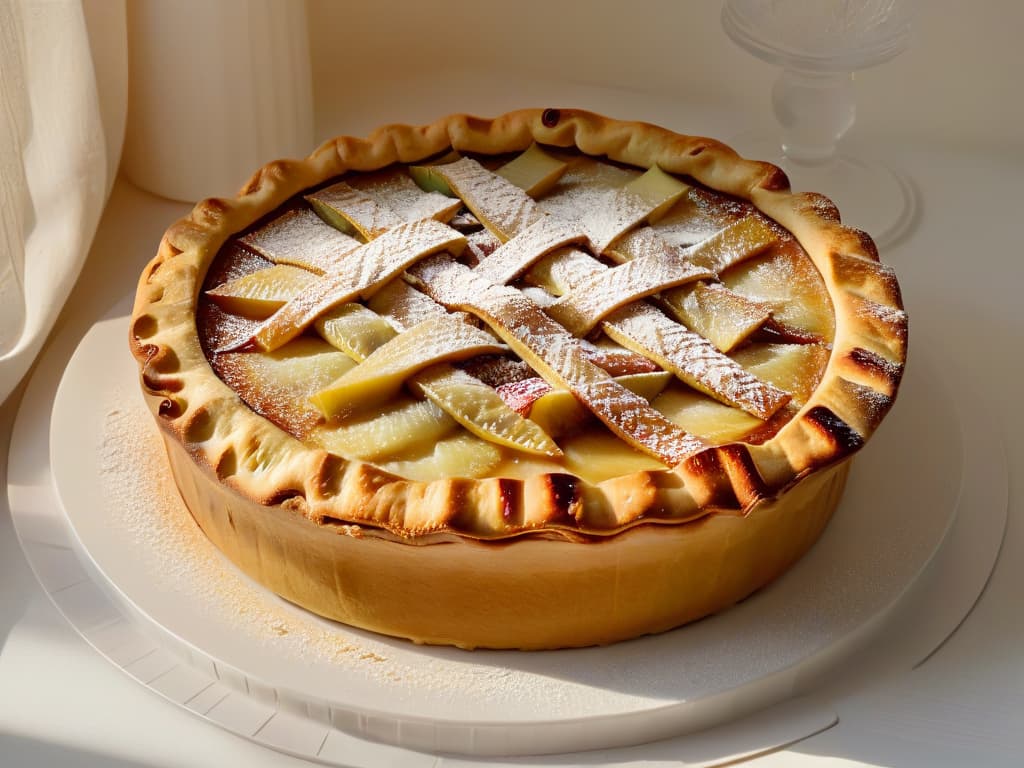  A closeup, highresolution image of a perfectly golden brown apple pie just out of the oven, with steam rising from the bubbling fruit filling and a flaky, buttery crust glistening in the soft natural light. The lattice pattern on top is intricately woven, showcasing the precision and skill of a professional baker, while the rustic, imperfect edge of the crust adds a touch of homemade charm. The image captures the essence of 'Pastelería en casa' a harmonious blend of professional technique and heartfelt creativity in the art of baking. hyperrealistic, full body, detailed clothing, highly detailed, cinematic lighting, stunningly beautiful, intricate, sharp focus, f/1. 8, 85mm, (centered image composition), (professionally color graded), ((bright soft diffused light)), volumetric fog, trending on instagram, trending on tumblr, HDR 4K, 8K