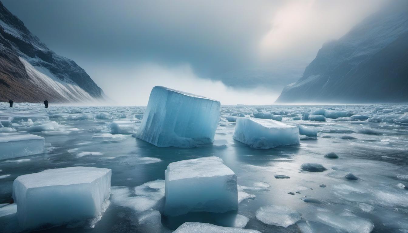  Giant blocks of ice hyperrealistic, full body, detailed clothing, highly detailed, cinematic lighting, stunningly beautiful, intricate, sharp focus, f/1. 8, 85mm, (centered image composition), (professionally color graded), ((bright soft diffused light)), volumetric fog, trending on instagram, trending on tumblr, HDR 4K, 8K