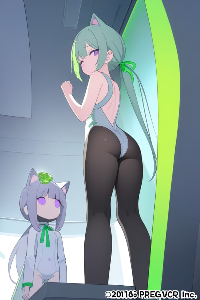  (Silver Color Low Ponytail: 1.2), Break, (Cats Ear, Put A Big Green Color Ribbon on the Head: 1.4), (Purple Eyes, Jitome: 1.4) ONE PIECE: 1.4 ), Black Tights, from Below, Looking Back, (Absurdres, masterpiece, ultimate quality), official art, aesthetic, (diffusion lighting, environmental lighting), detailed skin textures, best shadows, very detailed, colorful, colorful, colorful. 8K Wallpaper, Raw Photoristic Detailed, Dutch Angle, 💩, 💩, 💩,