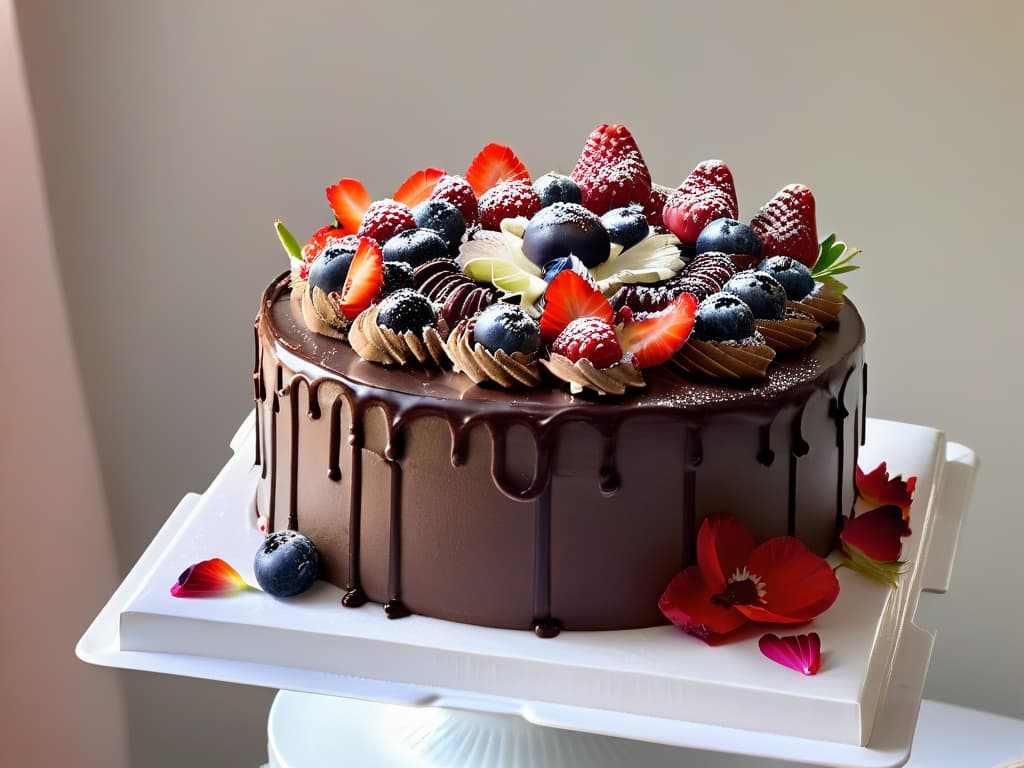  A closeup, ultradetailed image of a decadent vegan chocolate cake adorned with fresh organic berries, drizzled with silky vegan chocolate ganache, and garnished with delicate edible flower petals. The cake sits on a sleek, modern white cake stand against a soft, blurred background, showcasing every rich, glossy detail of the dessert masterpiece. hyperrealistic, full body, detailed clothing, highly detailed, cinematic lighting, stunningly beautiful, intricate, sharp focus, f/1. 8, 85mm, (centered image composition), (professionally color graded), ((bright soft diffused light)), volumetric fog, trending on instagram, trending on tumblr, HDR 4K, 8K