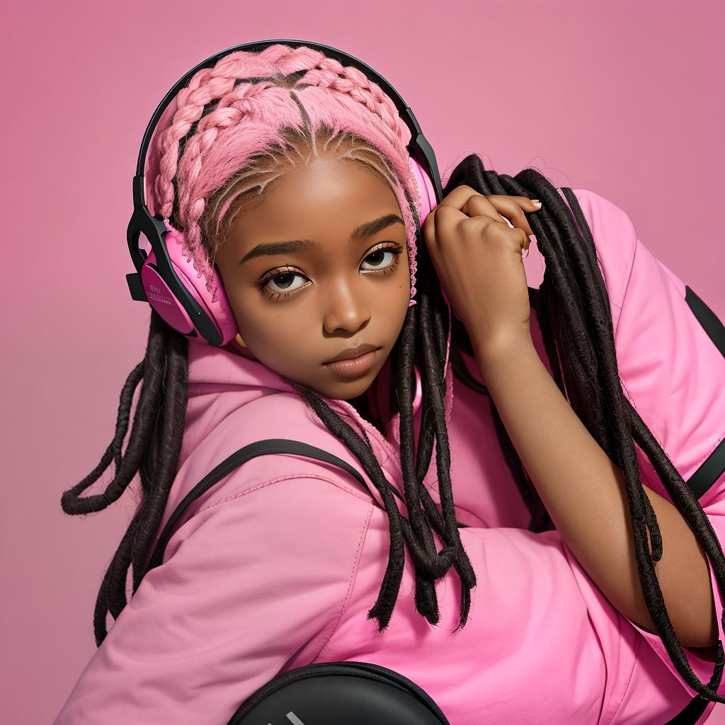  masterpiece, best quality, beautiful black girl with soft locs and pink headphones and pink background