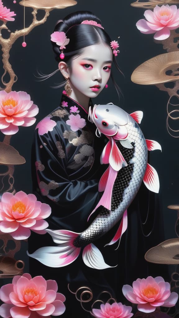  photo RAW, (Black, neon pink and magenta : Portrait of 2 ghostly long tailed black koi, hispanic brown woman, shiny aura, highly detailed, black pearls, gold and coral filigree, intricate motifs, organic tracery, Kiernan Shipka, Januz Miralles, Hikari Shimoda, glowing stardust by W. Zelmer, perfect composition, smooth, sharp focus, sparkling particles, lively coral reef colored background Realistic, realism, hd, 35mm photograph, 8k), masterpiece, award winning photography, natural light, perfect composition, high detail, hyper realistic