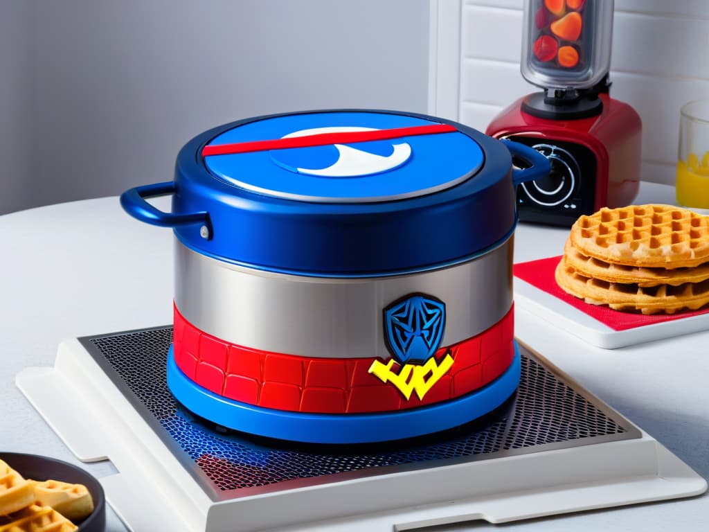  An 8k ultradetailed image of a sleek, minimalistic kitchen countertop adorned with a full range of Marvelthemed kitchen appliances, including a Captain America shield toaster, an Iron Man waffle maker, a SpiderMan stand mixer, and a Hulk blender. The appliances are all designed with subtle, modern aesthetics that blend seamlessly into the kitchen decor, creating a stylish yet geekchic atmosphere. The image captures the essence of superherothemed kitchen equipment for the ultimate baking experience. hyperrealistic, full body, detailed clothing, highly detailed, cinematic lighting, stunningly beautiful, intricate, sharp focus, f/1. 8, 85mm, (centered image composition), (professionally color graded), ((bright soft diffused light)), volumetric fog, trending on instagram, trending on tumblr, HDR 4K, 8K