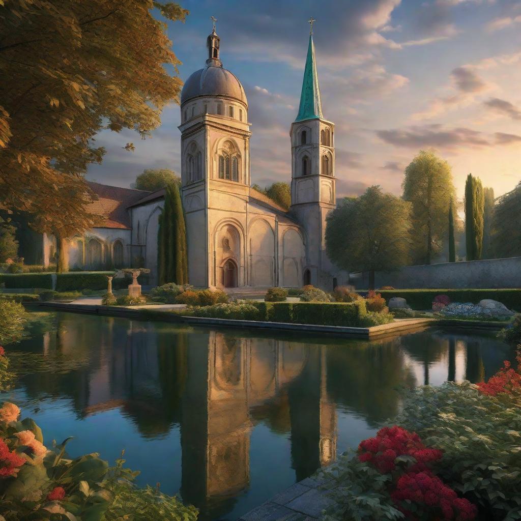  hyper realistc, sophisticated sharp 8k resolution colored picture, an gotic church, a lake, and garden, denoise, meticuly detailed, richly illustrated at night, perfect symmety of all elements , high quality high detail painting by leonardo da vinci, hd, photorealistic lighting, style leonardo da vinci hyperrealistic, full body, detailed clothing, highly detailed, cinematic lighting, stunningly beautiful, intricate, sharp focus, f/1. 8, 85mm, (centered image composition), (professionally color graded), ((bright soft diffused light)), volumetric fog, trending on instagram, trending on tumblr, HDR 4K, 8K