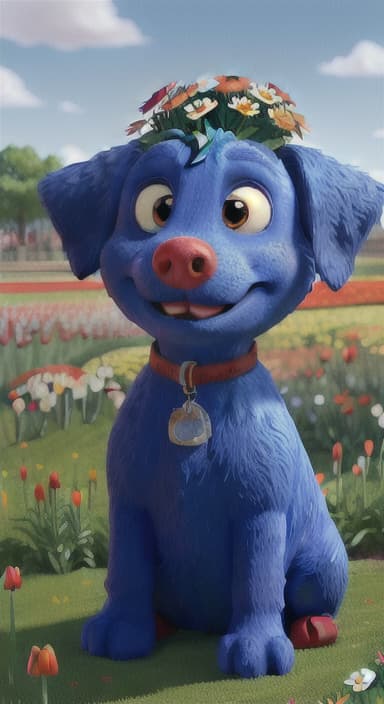  {The red ball nestled in a bed of colorful flowers like daisies and tulips, The big blue dog is large with sky blue fur, big round eyes, a black nose, and floppy ears.