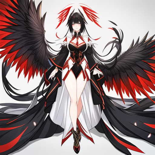  a girl manhua character with black hair and white skin have a black big wings wearing a red white dress hyperrealistic, full body, detailed clothing, highly detailed, cinematic lighting, stunningly beautiful, intricate, sharp focus, f/1. 8, 85mm, (centered image composition), (professionally color graded), ((bright soft diffused light)), volumetric fog, trending on instagram, trending on tumblr, HDR 4K, 8K