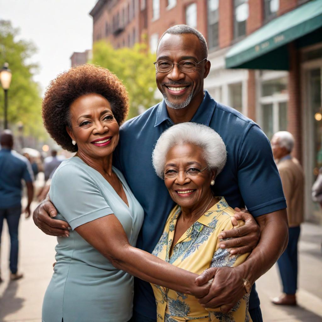  An African-American male hugging his elderly mom and dad in an urban setting. The scene is filled with a sense of warmth and love. The background features urban elements like buildings, streetlights, and a vibrant city life. The family members are dressed casually, and their expressions are full of joy and affection. hyperrealistic, full body, detailed clothing, highly detailed, cinematic lighting, stunningly beautiful, intricate, sharp focus, f/1. 8, 85mm, (centered image composition), (professionally color graded), ((bright soft diffused light)), volumetric fog, trending on instagram, trending on tumblr, HDR 4K, 8K