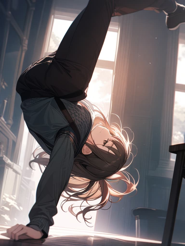  (solo,girl,happy smile,upside down,handstand,balancing),pants style,, masterpiece, best quality,8k,ultra detailed,high resolution,an extremely delicate and beautiful,hyper detail