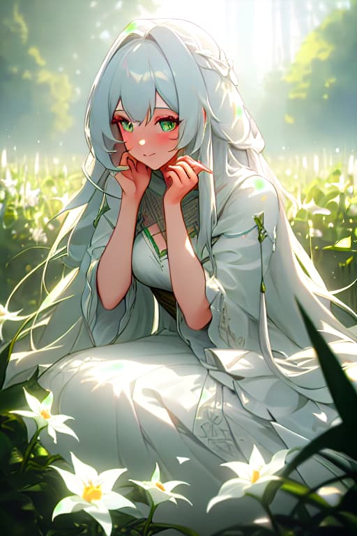  (masterpiece, best quality),1girl with long white hair sitting in a field of green plants and flowers, her hand under her chin, warm lighting, white dress, blurry foreground hyperrealistic, full body, detailed clothing, highly detailed, cinematic lighting, stunningly beautiful, intricate, sharp focus, f/1. 8, 85mm, (centered image composition), (professionally color graded), ((bright soft diffused light)), volumetric fog, trending on instagram, trending on tumblr, HDR 4K, 8K