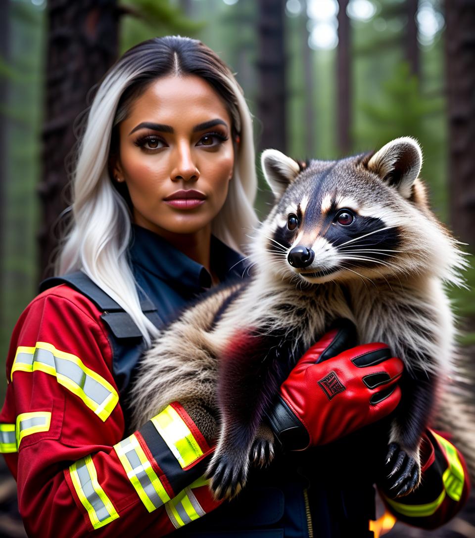  breathtaking A clear focus, an ideal focus, a masterpiece of beauty, a beautiful young Latino American firefighter with carmine eyes and long white hair, holds a raccoon saved from a forest fire in her gloves, a blurred background of burning forest behind her, high level detail of her skin, clean skin, high quality 8k, 32k, 36 mm. . award winning, professional, highly detailed hyperrealistic, full body, detailed clothing, highly detailed, cinematic lighting, stunningly beautiful, intricate, sharp focus, f/1. 8, 85mm, (centered image composition), (professionally color graded), ((bright soft diffused light)), volumetric fog, trending on instagram, trending on tumblr, HDR 4K, 8K