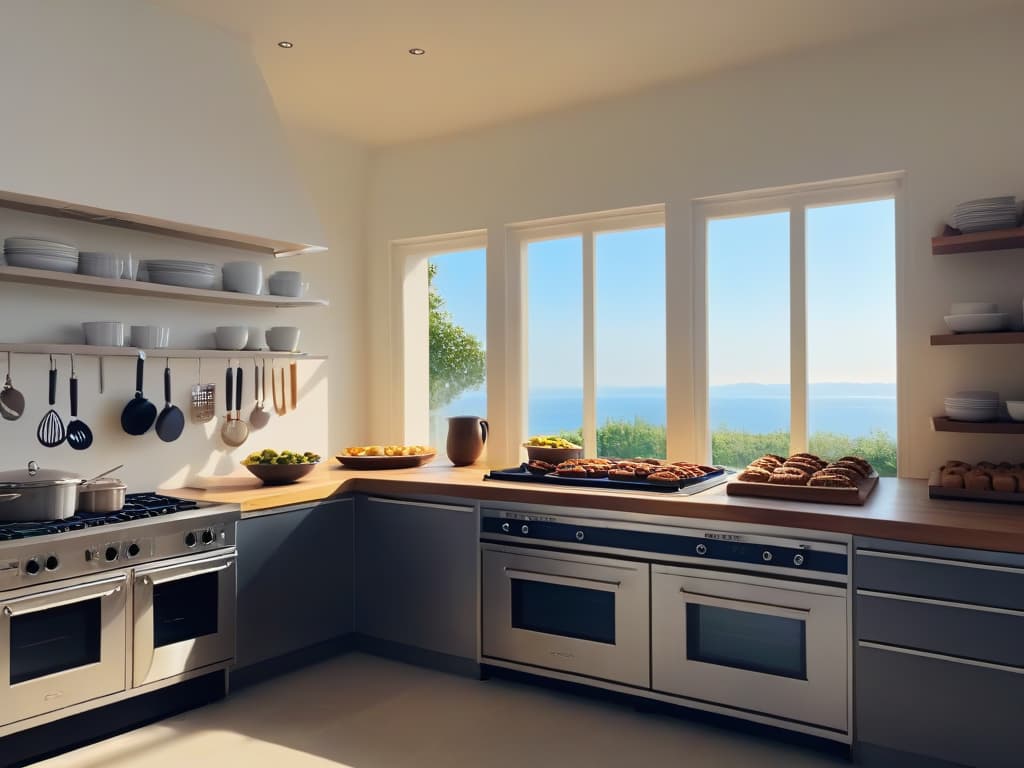  An ultradetailed image of a pristine, minimalist kitchen with sleek marble countertops, a gleaming stainless steel oven, and an array of perfectly organized baking tools hanging on the wall. The sunlight streams in through a large window, casting a soft, warm glow over the immaculate space, creating a serene and inviting atmosphere for the art of pastrymaking. hyperrealistic, full body, detailed clothing, highly detailed, cinematic lighting, stunningly beautiful, intricate, sharp focus, f/1. 8, 85mm, (centered image composition), (professionally color graded), ((bright soft diffused light)), volumetric fog, trending on instagram, trending on tumblr, HDR 4K, 8K