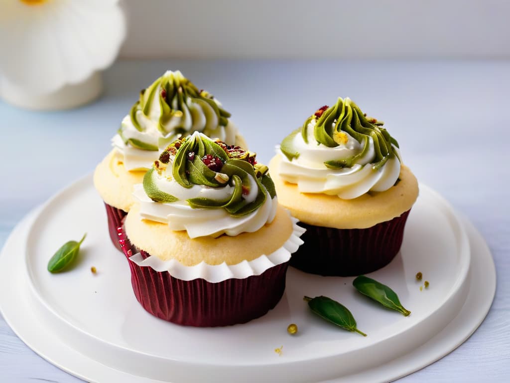  A closeup, ultradetailed image of a delicate sugarfree cupcake topped with a swirl of light and fluffy sugarfree frosting, garnished with a single fresh raspberry and a sprinkle of finely chopped pistachios. The cupcake is elegantly displayed on a sleek, modern plate against a softfocus background that highlights the intricate texture and vibrant colors of the dessert. hyperrealistic, full body, detailed clothing, highly detailed, cinematic lighting, stunningly beautiful, intricate, sharp focus, f/1. 8, 85mm, (centered image composition), (professionally color graded), ((bright soft diffused light)), volumetric fog, trending on instagram, trending on tumblr, HDR 4K, 8K