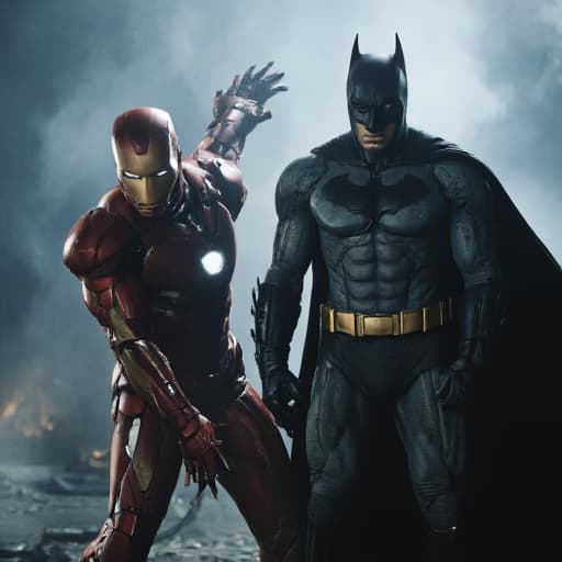  ironman vs batman hyperrealistic, full body, detailed clothing, highly detailed, cinematic lighting, stunningly beautiful, intricate, sharp focus, f/1. 8, 85mm, (centered image composition), (professionally color graded), ((bright soft diffused light)), volumetric fog, trending on instagram, trending on tumblr, HDR 4K, 8K