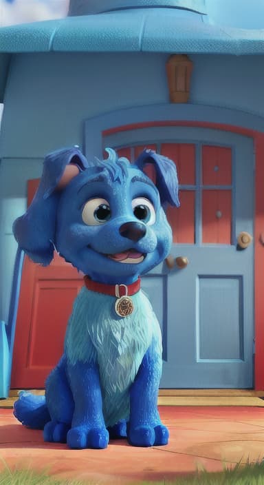  {Max the big blue dog standing in front of a cozy little house with a red door, The big blue dog is large with sky blue fur, big round eyes, a black nose, and floppy ears.