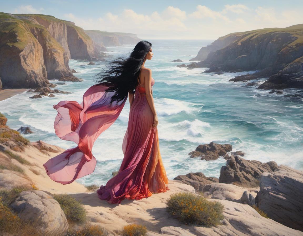  expressionist Watercolor of a lovely woman, long wavy black hair, standing on a rocky headland overlooking a beach. Her clothing made of many multicolored silk scarves is blowing in the wind, her head held high her eyes closed, enjoying the feeling of freedom . raw, emotional, dynamic, distortion for emotional effect, vibrant, use of unusual colors, detailed hyperrealistic, full body, detailed clothing, highly detailed, cinematic lighting, stunningly beautiful, intricate, sharp focus, f/1. 8, 85mm, (centered image composition), (professionally color graded), ((bright soft diffused light)), volumetric fog, trending on instagram, trending on tumblr, HDR 4K, 8K