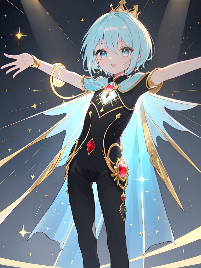  Masterpiece,(((one male)))1.5,cute,delicate light blue hair color,short hair,shiny hair color,small crown on head,gold pattern on background,jewelry,shimmering,((( Two precise arms))),(((short red cape))),{{ (((black suit)))1.5,gorgeous,gold lamé}},holding microphone,dancing,(((singing,speaking ♪♬))),best smile,Standing on stage,spotlight,super high quality,super precise,super precise,super precise,super precise,super analytical,16K, masterpiece, best quality,8k,ultra detailed,high resolution,an extremely delicate and beautiful,hyper detail