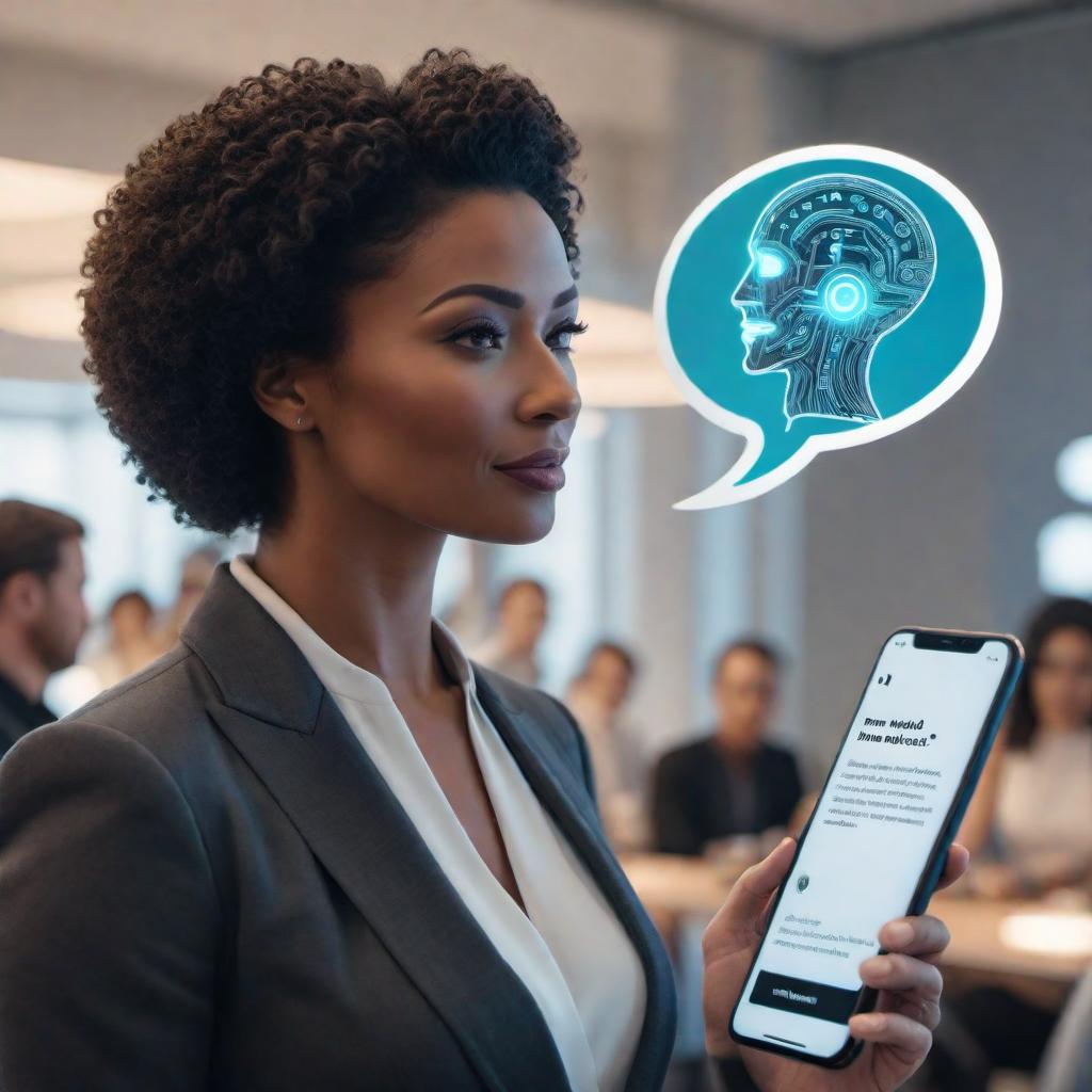  An image depicting an amicable conversation between a human and a friendly AI. The AI is represented by a glowing, personable figure with a speech bubble above it that reads, "Please describe what you would like me to draw. The more detailed your description, the better I will be able to realize your idea in the image." The human is looking at the AI with interest, thinking about the request, suggesting a creative collaboration. hyperrealistic, full body, detailed clothing, highly detailed, cinematic lighting, stunningly beautiful, intricate, sharp focus, f/1. 8, 85mm, (centered image composition), (professionally color graded), ((bright soft diffused light)), volumetric fog, trending on instagram, trending on tumblr, HDR 4K, 8K