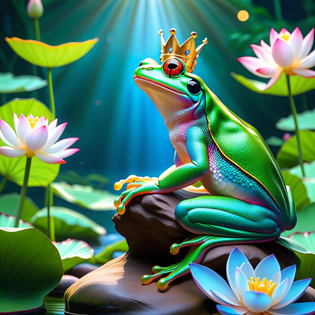  ethereal fantasy concept art of (Background): a lake with blooming lotuses of different shades: from white pink to bright crimson and leaves of tender green colour. The sky above the lake of dark blue colour with golden stars scattered on it. (Fantasy Princess Frog): in the centre of the lake on the biggest lotus flower sits a charming frog in a golden crown decorated with blue and blue precious stones. In his paws he holds a ring decorated with blue stones. Style: fantasy, Russian fairy tales, illustrations. . magnificent, celestial, ethereal, painterly, epic, majestic, magical, fantasy art, cover art, dreamy hyperrealistic, full body, detailed clothing, highly detailed, cinematic lighting, stunningly beautiful, intricate, sharp focus, f/1. 8, 85mm, (centered image composition), (professionally color graded), ((bright soft diffused light)), volumetric fog, trending on instagram, trending on tumblr, HDR 4K, 8K