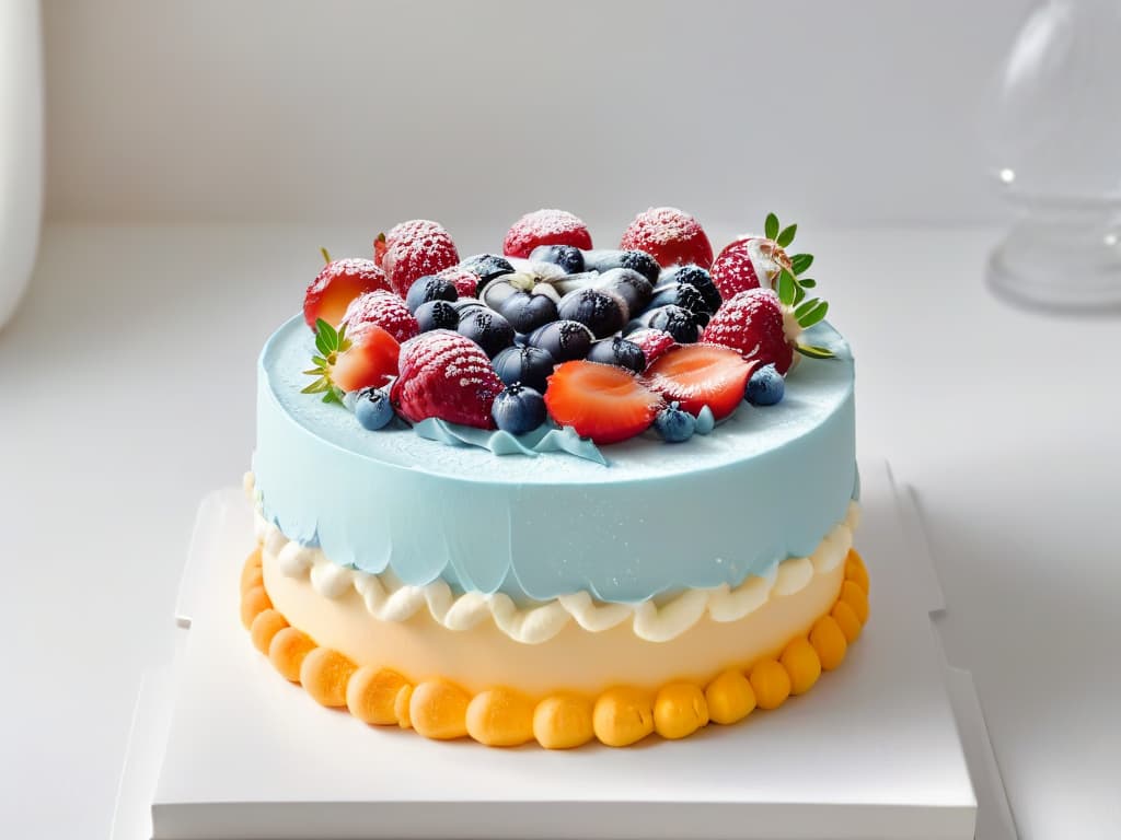  A highresolution, minimalist image of a beautifully decorated, pastelcolored cake on a pristine white background, showcasing intricate piping work and delicate fondant details. The cake is adorned with fresh flowers and berries, exuding elegance and creativity, perfect for inspiring aspiring bakers and pastry enthusiasts on Pinterest. hyperrealistic, full body, detailed clothing, highly detailed, cinematic lighting, stunningly beautiful, intricate, sharp focus, f/1. 8, 85mm, (centered image composition), (professionally color graded), ((bright soft diffused light)), volumetric fog, trending on instagram, trending on tumblr, HDR 4K, 8K