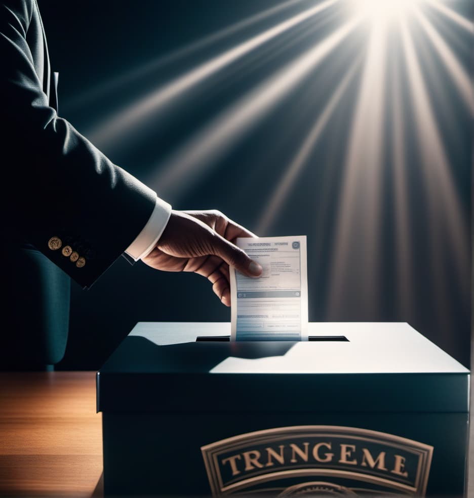  ballot being cast by a hand into a ballot box hyperrealistic, full body, detailed clothing, highly detailed, cinematic lighting, stunningly beautiful, intricate, sharp focus, f/1. 8, 85mm, (centered image composition), (professionally color graded), ((bright soft diffused light)), volumetric fog, trending on instagram, trending on tumblr, HDR 4K, 8K