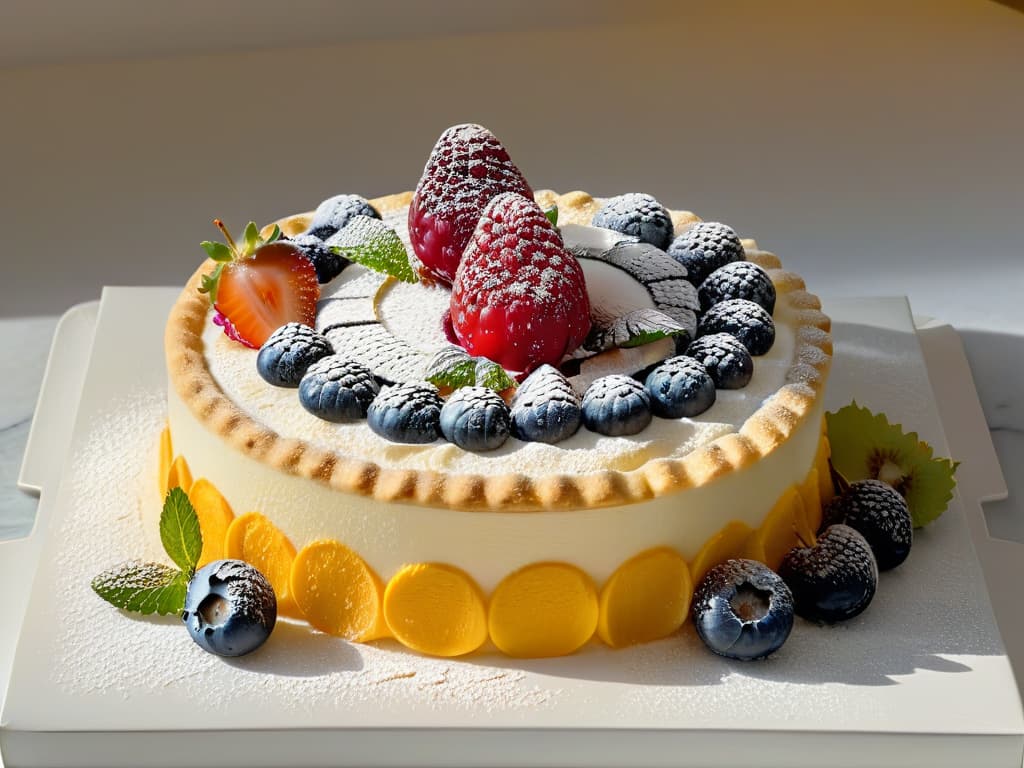  A closeup 8K image of a perfectly balanced, delicate fruit tart placed on a sleek, modern plate. The tart is adorned with a variety of colorful berries and a light dusting of powdered sugar, all sitting on a smooth, marble countertop with subtle lighting that highlights the intricate details of the dessert. hyperrealistic, full body, detailed clothing, highly detailed, cinematic lighting, stunningly beautiful, intricate, sharp focus, f/1. 8, 85mm, (centered image composition), (professionally color graded), ((bright soft diffused light)), volumetric fog, trending on instagram, trending on tumblr, HDR 4K, 8K