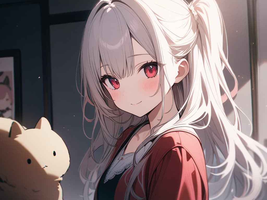  1 Girl, solo, white hair, dark pink, gradation, twosideup, long hair, smile, whole body, standing picture, red eyes, sauce pink, cute, masterpiece, best quality,8k,ultra detailed,high resolution,an extremely delicate and beautiful,hyper detail