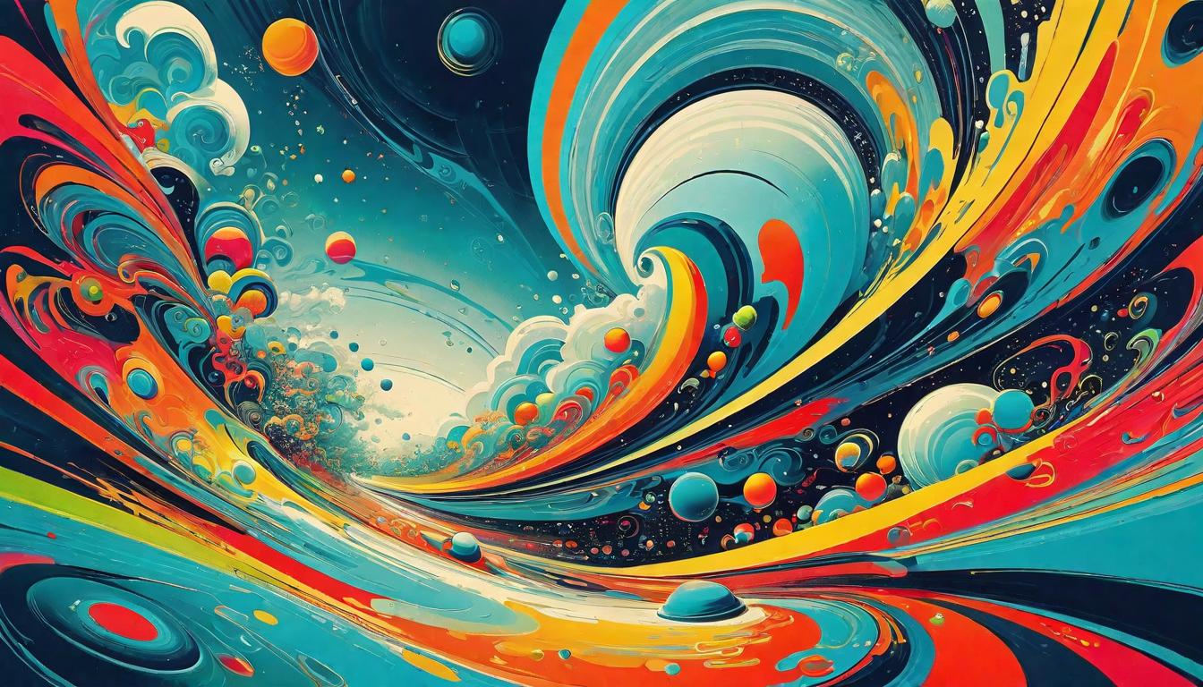  retro futuristic Abstract swirls morphing tangible objects into thoughts and emotions; fluid, colorful background; surreal depiction of altering realities; abstract expressionism with a digital twist for depth lvintage sci fi, 50s and 60s style, atomic age, vibrant, highly detailed