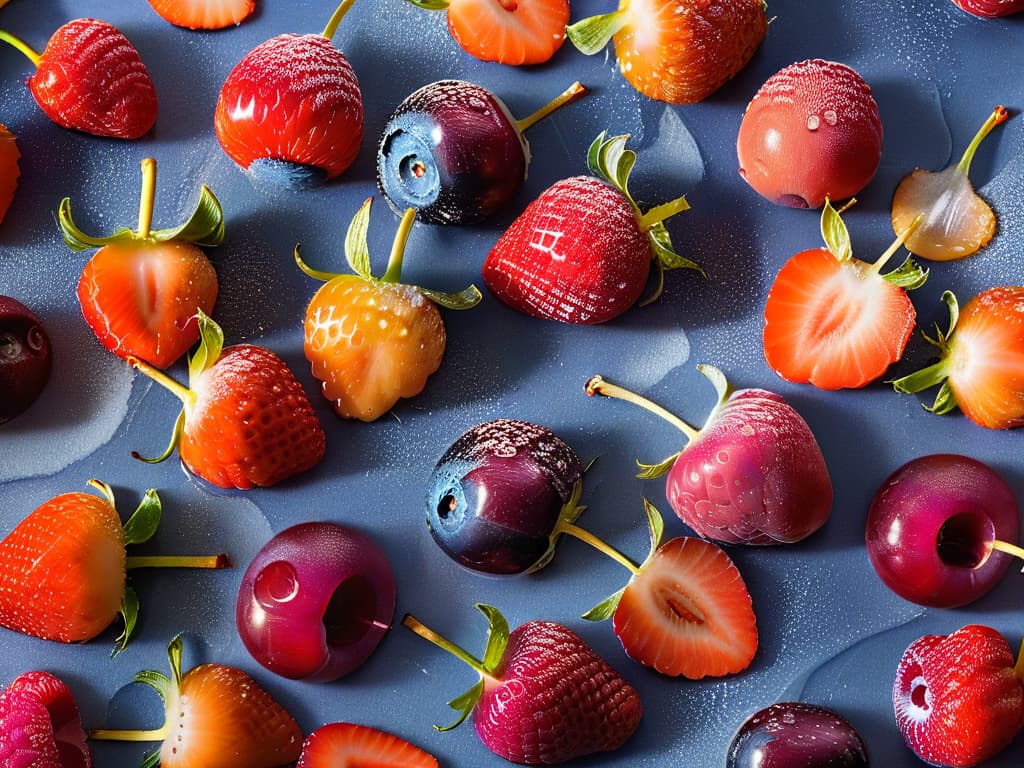  A closeup, ultradetailed image of a variety of fresh, colorful berries arranged in an intricate pattern on a sleek, modern white marble countertop. The berries glisten with droplets of water, highlighting their freshness, while the soft natural light enhances their vibrant hues. This visually appealing and minimalistic image perfectly complements the theme of using natural preservatives in baking, evoking a sense of freshness and culinary inspiration. hyperrealistic, full body, detailed clothing, highly detailed, cinematic lighting, stunningly beautiful, intricate, sharp focus, f/1. 8, 85mm, (centered image composition), (professionally color graded), ((bright soft diffused light)), volumetric fog, trending on instagram, trending on tumblr, HDR 4K, 8K