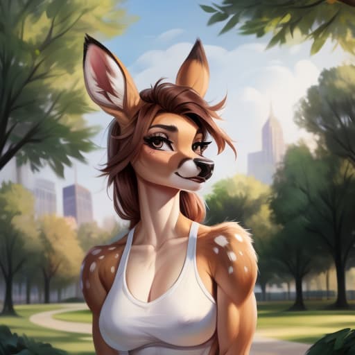  Deer, , gles, johnfoxart, park, best quality, best anatomy, (:1.5), piercing, brown hair, open eyes, digital art, masterpiece, 4k, fine details,