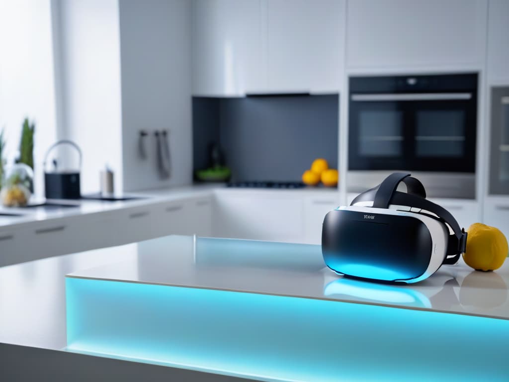  A highresolution, minimalist image of a virtual reality headset placed on a sleek, futuristic kitchen counter. The VR headset is illuminated with a soft, blue light, casting a subtle glow on the countertop. The background is blurred, emphasizing the contrast between the modern technology and traditional kitchen elements. hyperrealistic, full body, detailed clothing, highly detailed, cinematic lighting, stunningly beautiful, intricate, sharp focus, f/1. 8, 85mm, (centered image composition), (professionally color graded), ((bright soft diffused light)), volumetric fog, trending on instagram, trending on tumblr, HDR 4K, 8K