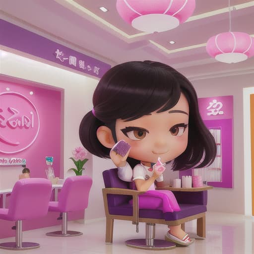  Cute Thai girl painting nail of a customer in a nail salon with warm pink and white lighting, high details, bright colours