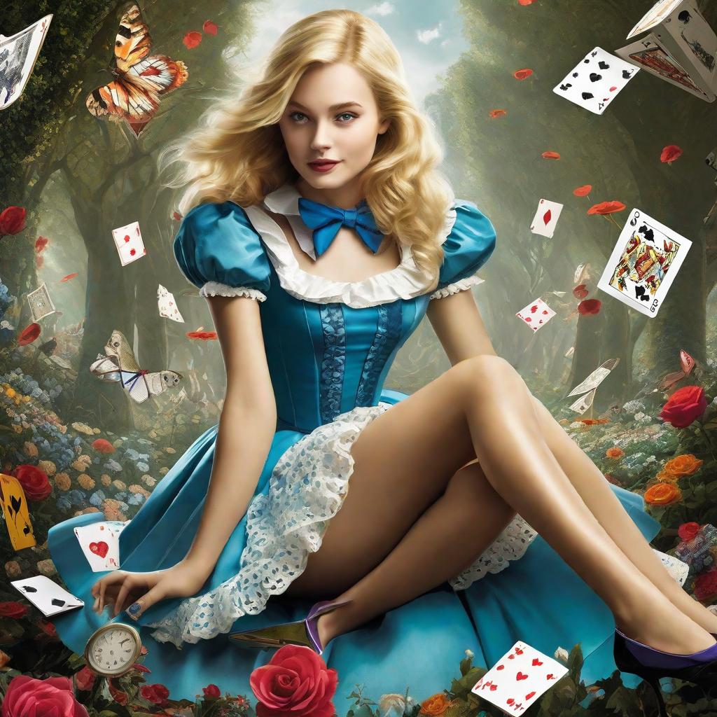  masterpiece, best quality, (Fidelity: 1.4), Best Quality, Masterpiece, Ultra High Resolution, Poster, Fantasy Art, Alice in wonderland on high heels, blonde