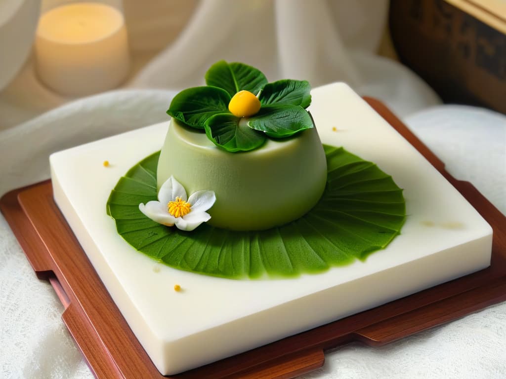  A closeup, ultradetailed image of a delicate, intricately designed Japanese wagashi sweet, served on a minimalist white ceramic plate. The wagashi is a vibrant green matchaflavored confection shaped like a blooming cherry blossom, with finely crafted details on each petal. The plate is placed on a simple, elegant wooden tray, with a faint wisp of steam rising from a freshly brewed cup of green tea in the background. The image captures the exquisite artistry and cultural significance of these traditional Japanese teatime treats. hyperrealistic, full body, detailed clothing, highly detailed, cinematic lighting, stunningly beautiful, intricate, sharp focus, f/1. 8, 85mm, (centered image composition), (professionally color graded), ((bright soft diffused light)), volumetric fog, trending on instagram, trending on tumblr, HDR 4K, 8K