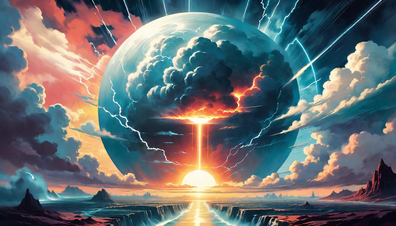  retro futuristic Storm clouds parting around a sphere of light, representing the individual's effort to maintain positivity amidst darkness. Clearing negativity, resilience, oasis of calm. lvintage sci fi, 50s and 60s style, atomic age, vibrant, highly detailed