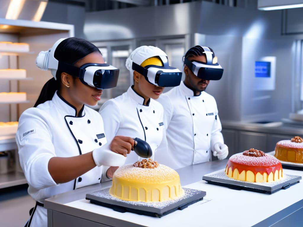  A photorealistic image depicting a diverse group of aspiring pastry chefs wearing virtual reality headsets, fully immersed in a virtual kitchen environment. Each individual is engaged in different tasks like mixing batter, piping frosting, and decorating elaborate cakes. The background shows futuristic kitchen equipment and digital displays showcasing baking tutorials. The atmosphere is vibrant and energetic, capturing the essence of innovative culinary training through virtual reality technology. hyperrealistic, full body, detailed clothing, highly detailed, cinematic lighting, stunningly beautiful, intricate, sharp focus, f/1. 8, 85mm, (centered image composition), (professionally color graded), ((bright soft diffused light)), volumetric fog, trending on instagram, trending on tumblr, HDR 4K, 8K