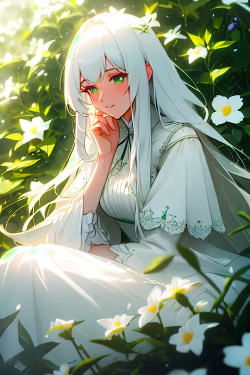  (masterpiece, best quality),1girl with long white hair sitting in a field of green plants and flowers, her hand under her chin, warm lighting, white dress, blurry foreground hyperrealistic, full body, detailed clothing, highly detailed, cinematic lighting, stunningly beautiful, intricate, sharp focus, f/1. 8, 85mm, (centered image composition), (professionally color graded), ((bright soft diffused light)), volumetric fog, trending on instagram, trending on tumblr, HDR 4K, 8K