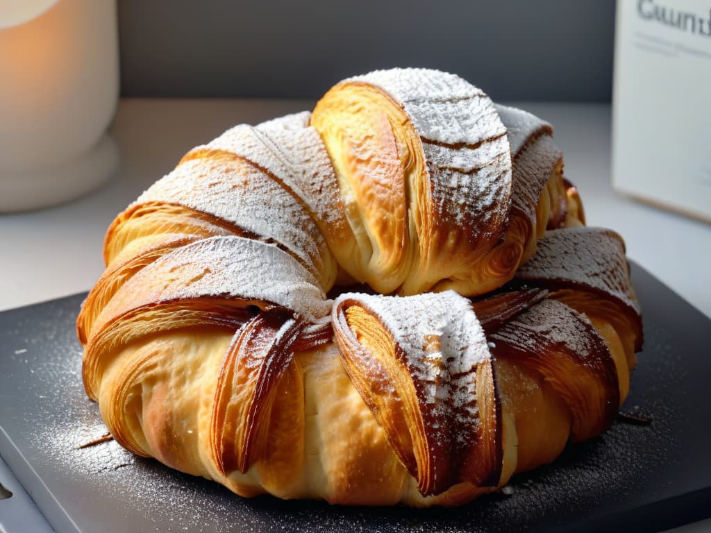  A closeup, ultradetailed image of a perfectly golden croissant, fresh out of the oven, with delicate layers visible and a light dusting of powdered sugar on top. hyperrealistic, full body, detailed clothing, highly detailed, cinematic lighting, stunningly beautiful, intricate, sharp focus, f/1. 8, 85mm, (centered image composition), (professionally color graded), ((bright soft diffused light)), volumetric fog, trending on instagram, trending on tumblr, HDR 4K, 8K