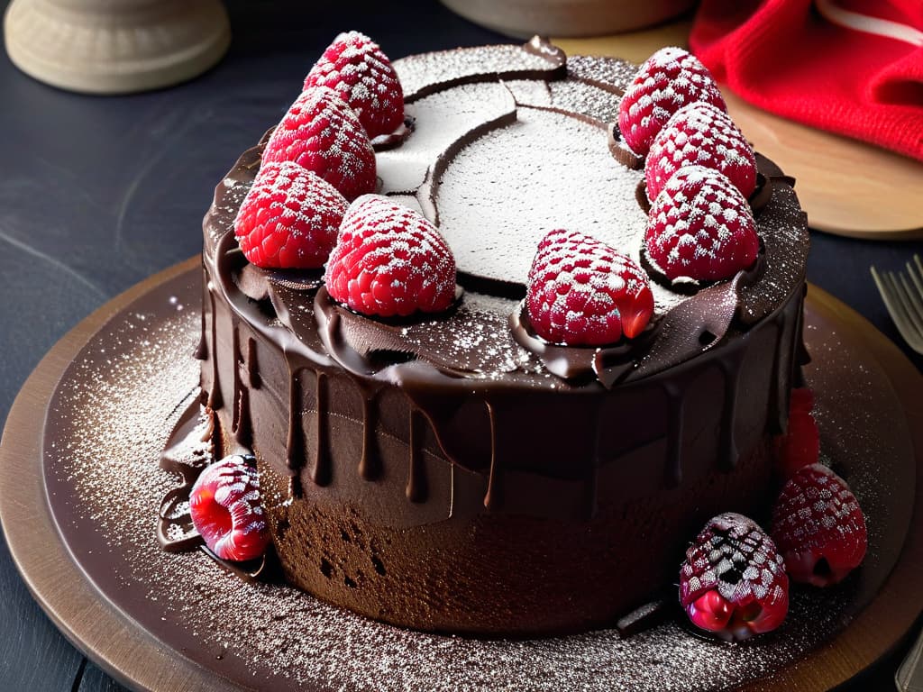  A closeup, photorealistic image of a decadent chocolate quinoa cake topped with fresh raspberries and a dusting of powdered sugar. The cake is perfectly moist and rich, with visible specks of cooked quinoa adding a nutritious twist to this indulgent dessert. The vibrant red raspberries contrast beautifully against the dark chocolate cake, and the fine details of the glistening sugar create a mouthwatering visual appeal. hyperrealistic, full body, detailed clothing, highly detailed, cinematic lighting, stunningly beautiful, intricate, sharp focus, f/1. 8, 85mm, (centered image composition), (professionally color graded), ((bright soft diffused light)), volumetric fog, trending on instagram, trending on tumblr, HDR 4K, 8K