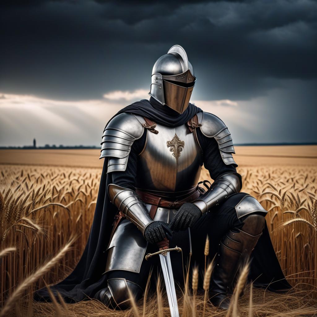  The knight sits with his head bowed down leaning on his sword,antiquity, dark sky, the endless field, Gothic, endless wheat field in the background hyperrealistic, full body, detailed clothing, highly detailed, cinematic lighting, stunningly beautiful, intricate, sharp focus, f/1. 8, 85mm, (centered image composition), (professionally color graded), ((bright soft diffused light)), volumetric fog, trending on instagram, trending on tumblr, HDR 4K, 8K