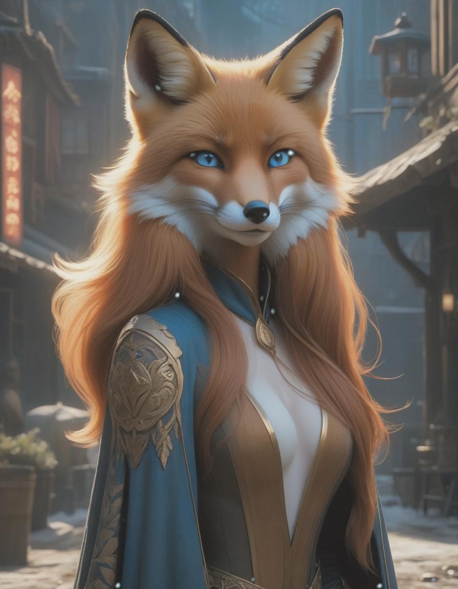  concept art A fox stands tall, with long hair, blue eyes, pouty lips, bare s, and sharp s. . digital artwork, ilrative, painterly, matte painting, highly detailed hyperrealistic, full body, detailed clothing, highly detailed, cinematic lighting, stunningly beautiful, intricate, sharp focus, f/1. 8, 85mm, (centered image composition), (professionally color graded), ((bright soft diffused light)), volumetric fog, trending on instagram, trending on tumblr, HDR 4K, 8K