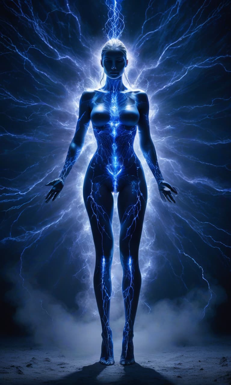  woman. Master of electromagnetic elements, kirlian style, crackling energy illuminating the space around him, core in deep blue tones with pulsations of electricity, ultra realistic digital painting, dramatic lighting, highly detailed, dramatic shadows. hyperrealistic, full body, detailed clothing, highly detailed, cinematic lighting, stunningly beautiful, intricate, sharp focus, f/1. 8, 85mm, (centered image composition), (professionally color graded), ((bright soft diffused light)), volumetric fog, trending on instagram, trending on tumblr, HDR 4K, 8K