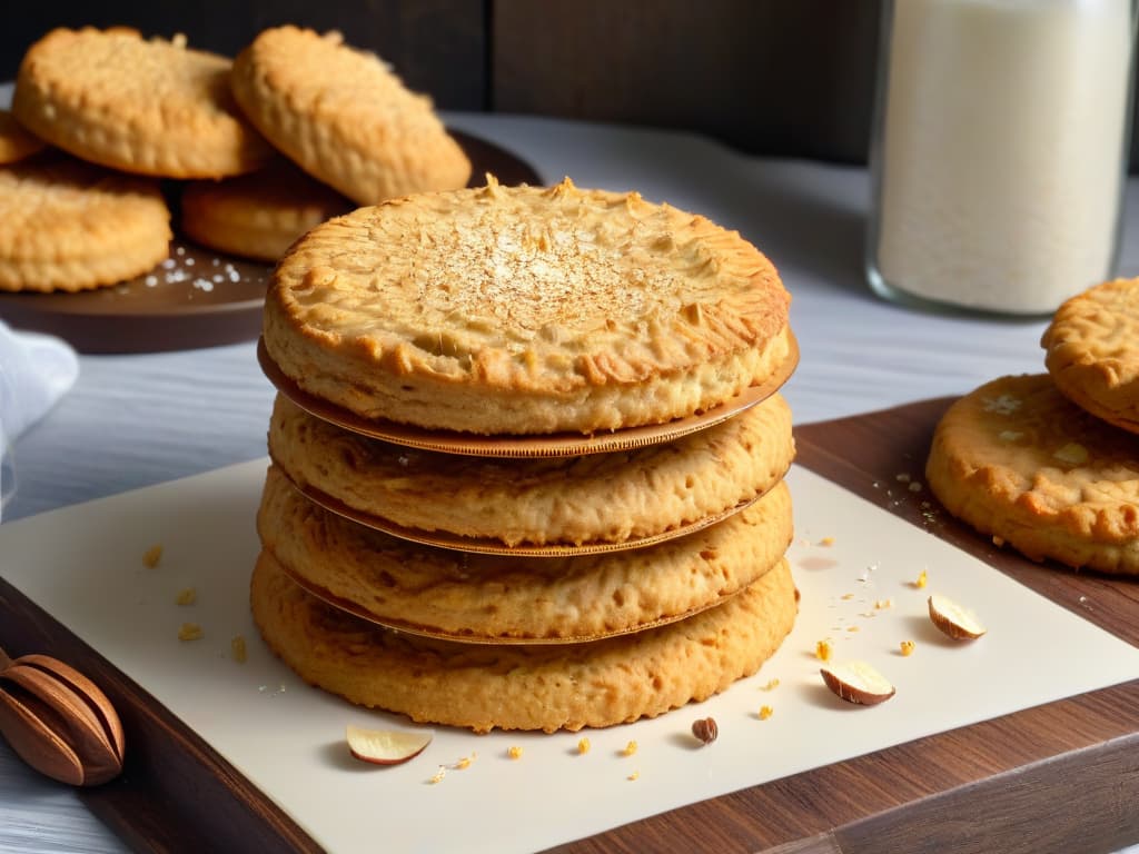  A closeup, ultradetailed image of golden Anzac Biscuits arranged neatly on a rustic wooden table, showcasing their perfectly textured surface with a sprinkle of oats, coconut flakes, and a hint of golden brown coloration. The light hits the biscuits just right, emphasizing their homemade charm and inviting warmth, creating a visually appealing and appetizing scene that perfectly complements the essence of Anzac Biscuits. hyperrealistic, full body, detailed clothing, highly detailed, cinematic lighting, stunningly beautiful, intricate, sharp focus, f/1. 8, 85mm, (centered image composition), (professionally color graded), ((bright soft diffused light)), volumetric fog, trending on instagram, trending on tumblr, HDR 4K, 8K