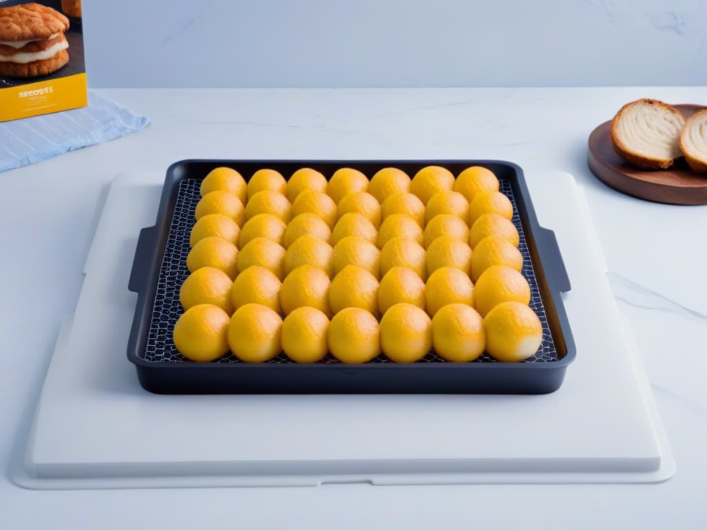  A closeup, ultradetailed image of a sleek, matte black nonstick baking tray, featuring a perfectly even surface with a subtle grid pattern for optimal heat distribution. The tray sits on a marble countertop, catching the soft ambient light that highlights its flawless craftsmanship and elegant design. hyperrealistic, full body, detailed clothing, highly detailed, cinematic lighting, stunningly beautiful, intricate, sharp focus, f/1. 8, 85mm, (centered image composition), (professionally color graded), ((bright soft diffused light)), volumetric fog, trending on instagram, trending on tumblr, HDR 4K, 8K