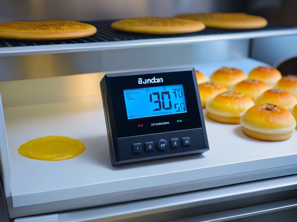  An 8k ultradetailed image of a sleek, modern digital thermometer with a precision tip, displaying a crisp digital readout of a perfectly set temperature for baking, set against a softfocus background of a bustling professional bakery kitchen. hyperrealistic, full body, detailed clothing, highly detailed, cinematic lighting, stunningly beautiful, intricate, sharp focus, f/1. 8, 85mm, (centered image composition), (professionally color graded), ((bright soft diffused light)), volumetric fog, trending on instagram, trending on tumblr, HDR 4K, 8K