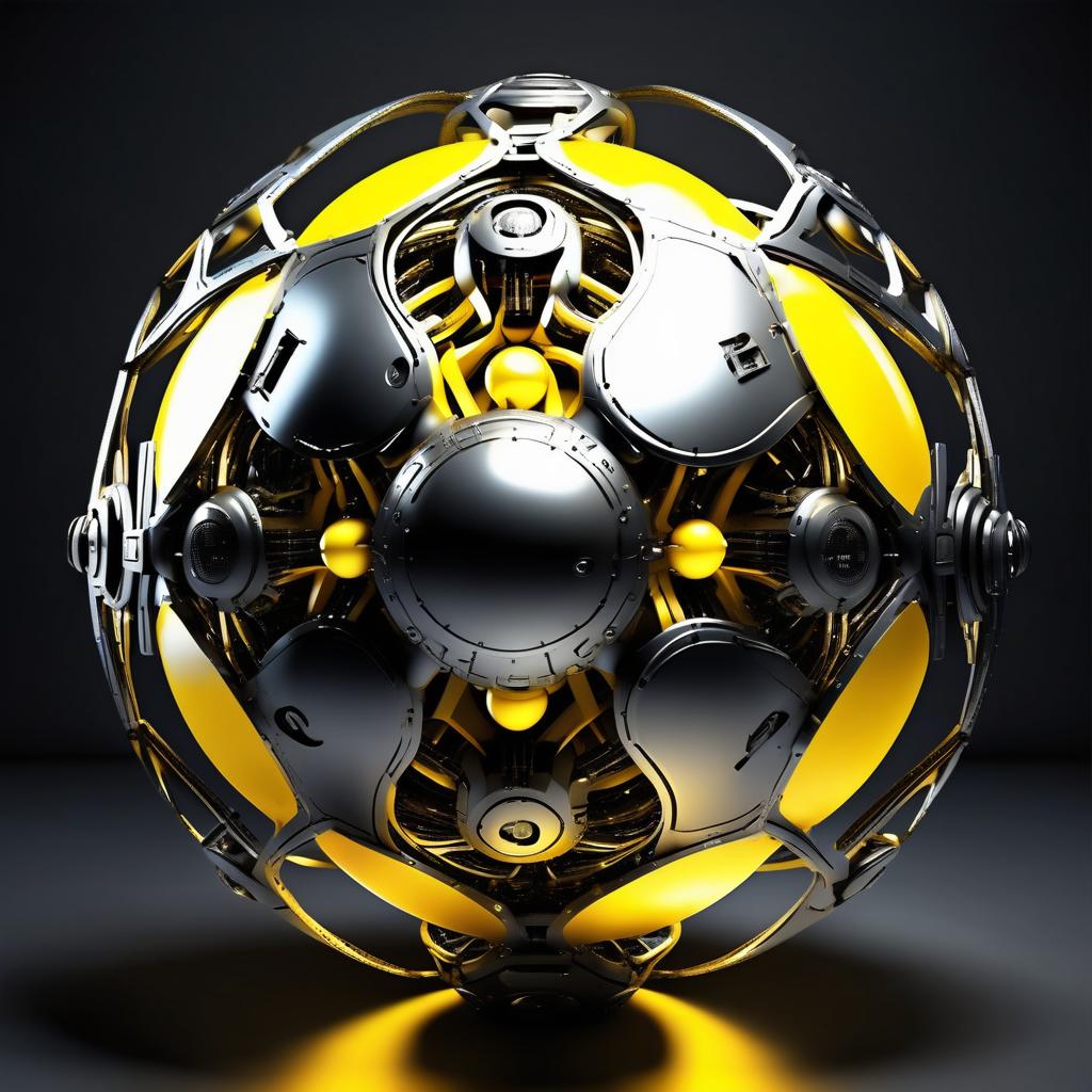  Quantum computer, core, correct form, concept of AI, sphere silvercolor, black background, illumination of sphere with rays, rays yellowcolor, concept art, cybernetics.