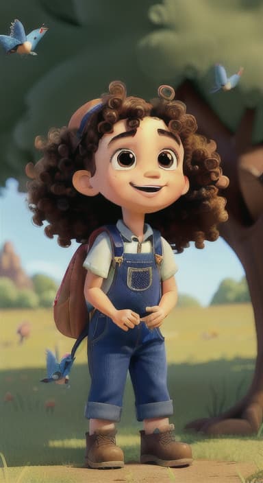  {Riley looking up at the tree with a big smile, animals surrounding them., Riley, a curious with big brown eyes and curly hair, wearing overalls and carrying a small backpack. Their friend, Skye, a bluebird with shiny feathers.