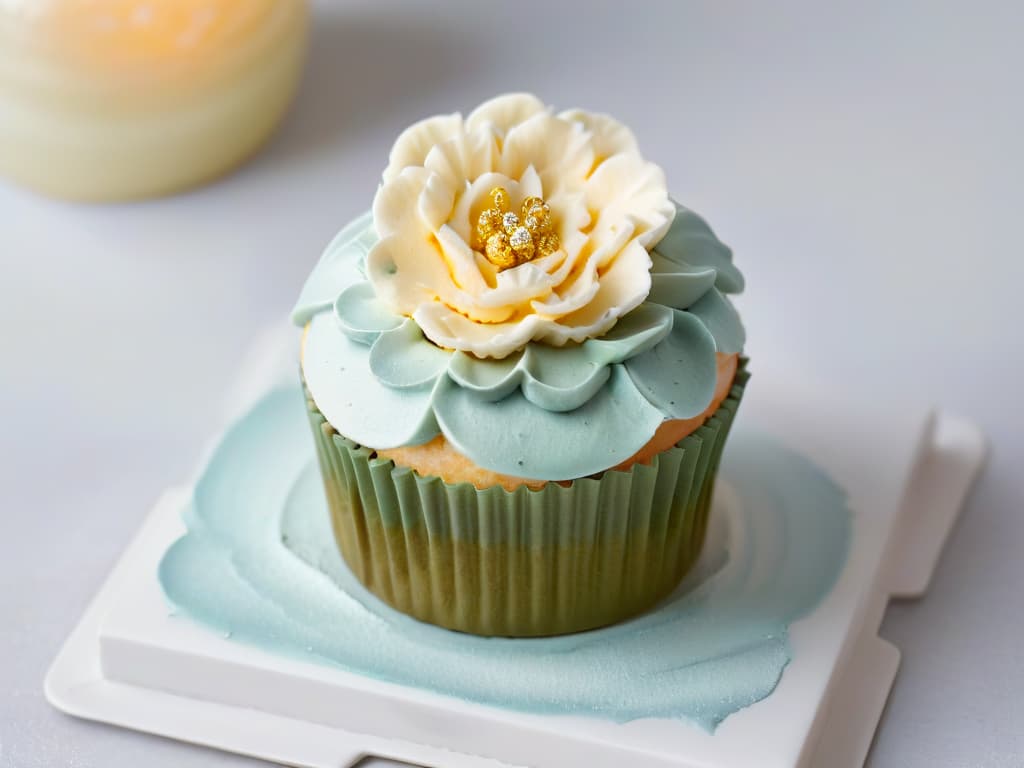  A closeup, ultradetailed image of a perfectly frosted cupcake with delicate swirls of pastelcolored buttercream, topped with a single shimmering sugar flower and a sprinkling of edible gold flakes. The frosting is flawlessly smooth, showcasing intricate piping work, and the cupcake sits on a pristine white plate against a softfocus background of a modern, minimalist kitchen setting. The lighting is soft and natural, emphasizing the textures and details of the cupcake, making it a visually stunning and mouthwatering focal point. hyperrealistic, full body, detailed clothing, highly detailed, cinematic lighting, stunningly beautiful, intricate, sharp focus, f/1. 8, 85mm, (centered image composition), (professionally color graded), ((bright soft diffused light)), volumetric fog, trending on instagram, trending on tumblr, HDR 4K, 8K