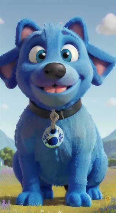  {A happy, big blue dog wagging its tail in a colorful meadow, The big blue dog is large with sky blue fur, big round eyes, a black nose, and floppy ears.