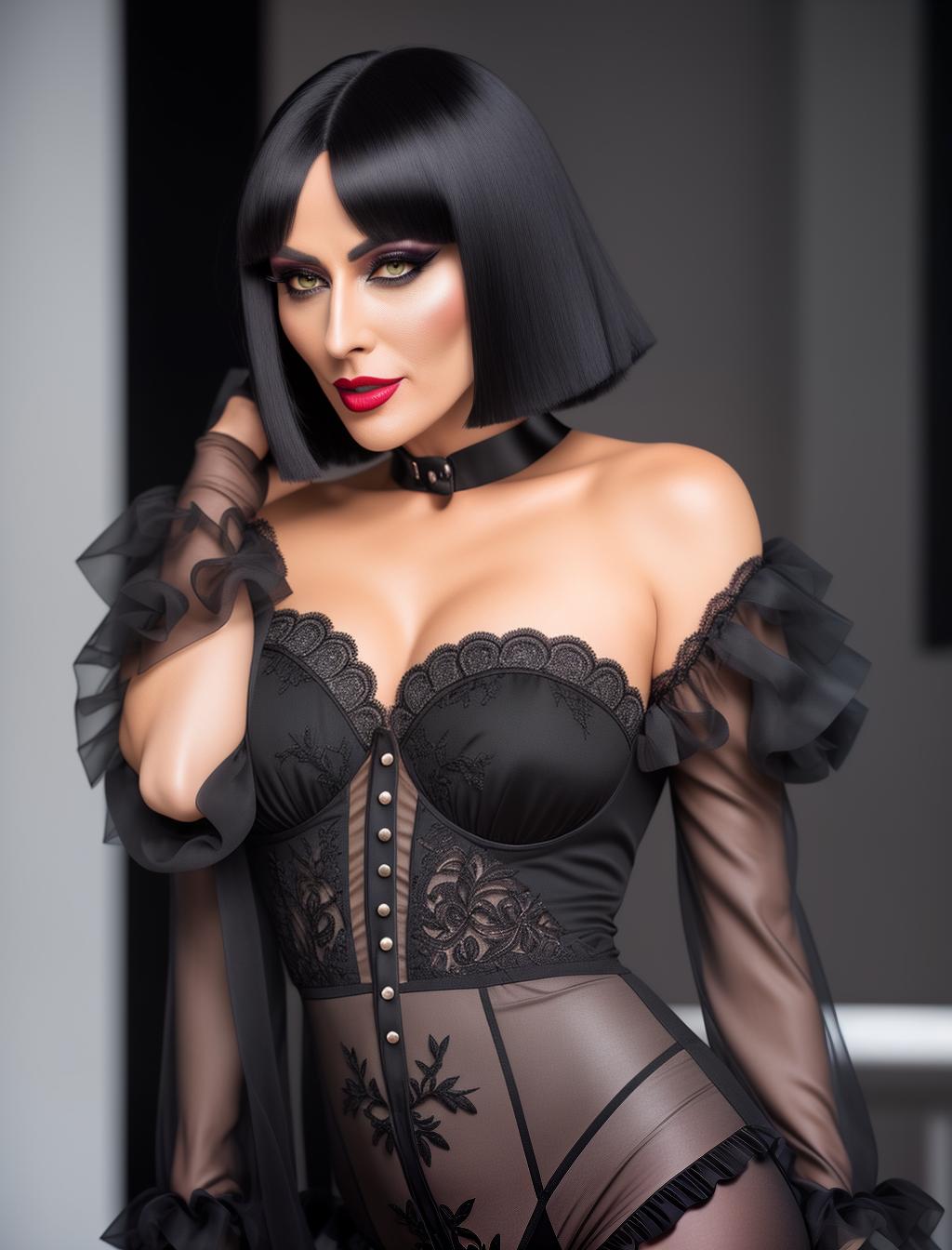  Creepy middle aged drag queen with black bob winged haircut, black shiny liquid satin button fronted gown with large puffy long billowing sleeves, glossy satin French knickers, lace top stockings, lace gloves, black liquid satin cape, 8k, professional picture, ultra detailed, ultra realistic, sharp focus photo, ultra detailed, 8k, photo, professional picture, ultra detailed, ultra realistic, cinematic, sharp focus, (high detailed skin:1.2), 8k uhd, dslr, soft lighting, high quality, film grain, Fujifilm XT3 hyperrealistic, full body, detailed clothing, highly detailed, cinematic lighting, stunningly beautiful, intricate, sharp focus, f/1. 8, 85mm, (centered image composition), (professionally color graded), ((bright soft diffused light)), volumetric fog, trending on instagram, trending on tumblr, HDR 4K, 8K